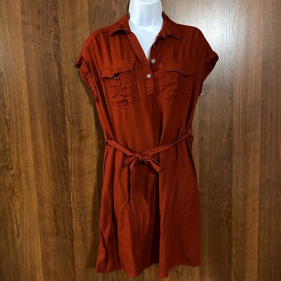 Dark Orange Shirt dress size small tie belt. Button down burnt orange short - Picture 1 of 5
